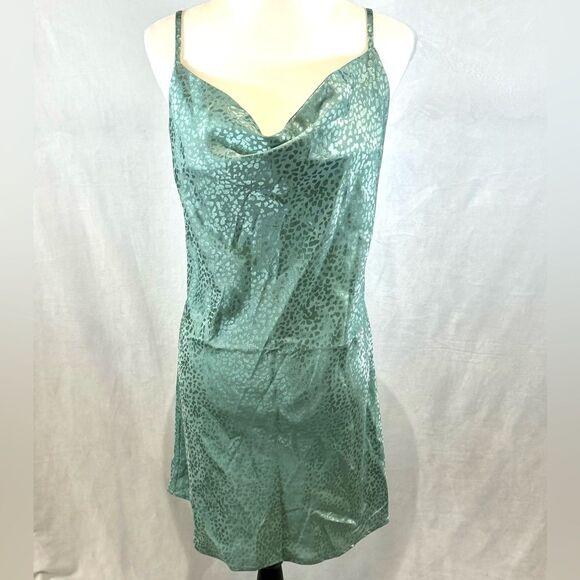 Sage green satin printed cowl neck slip dress size medium - Picture 1 of 4